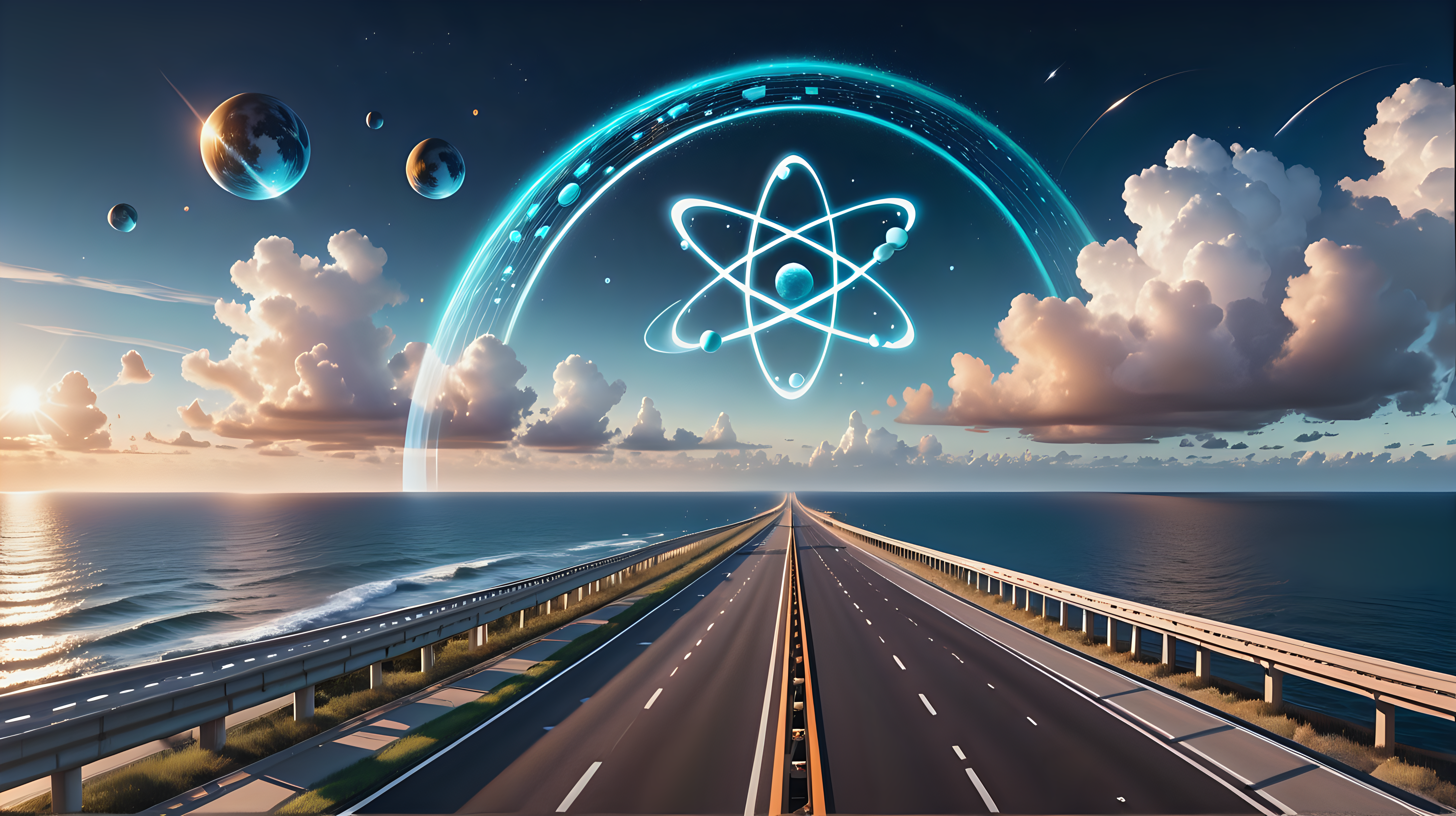 symbols of science in the sky over a highway running across land and the ocean
