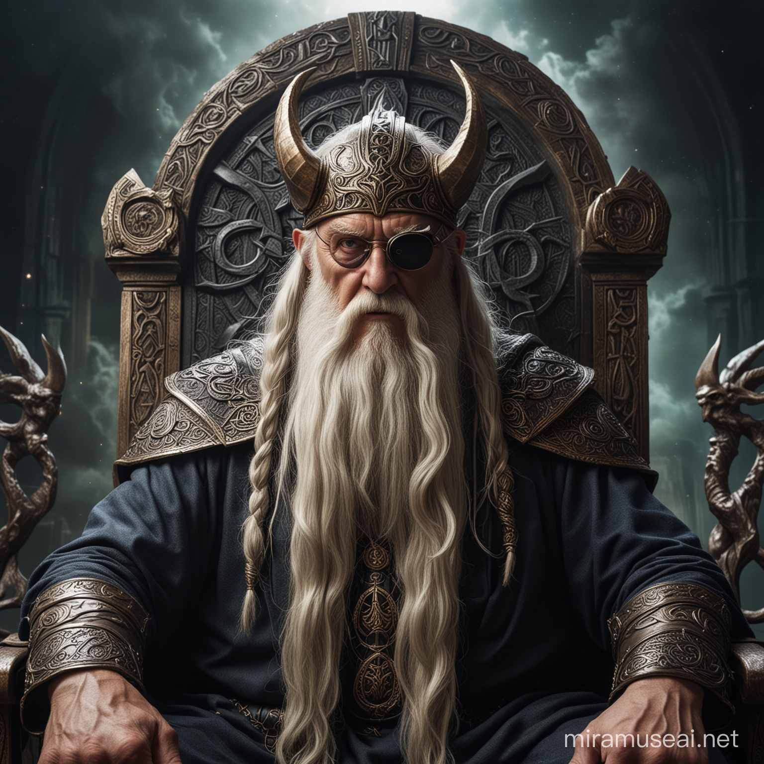 Majestic Portrait of Odin with an eye patch Elder God , seating on a throne, in a dramatic Asgard background, close shot 