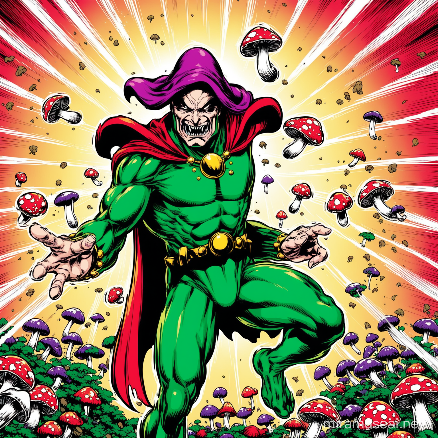 Sinister Comic Book Villain Throwing Poisonous Mushrooms