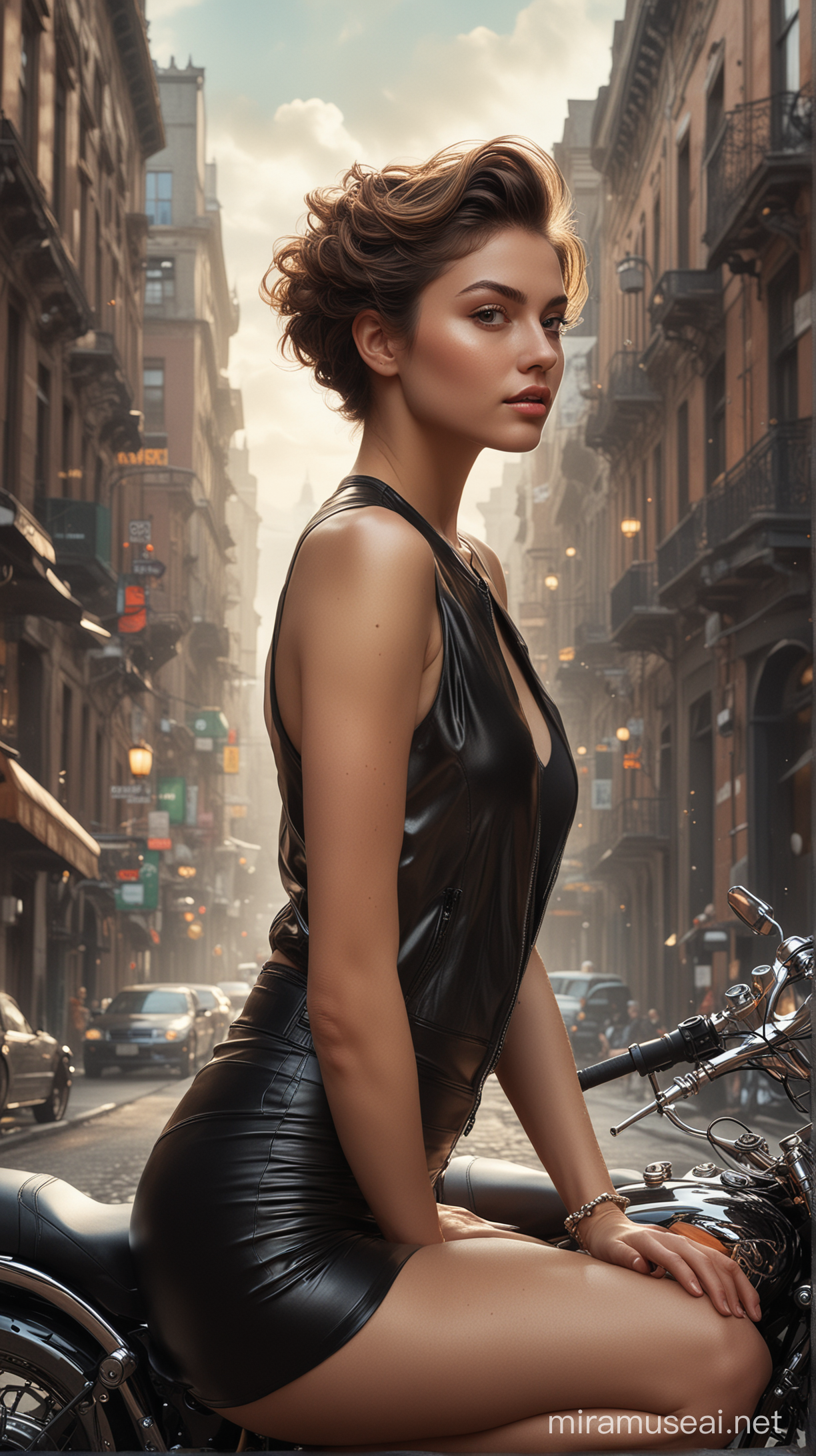Captivating Urban Portrait Young Woman with Motorcycle in Surreal Opulence