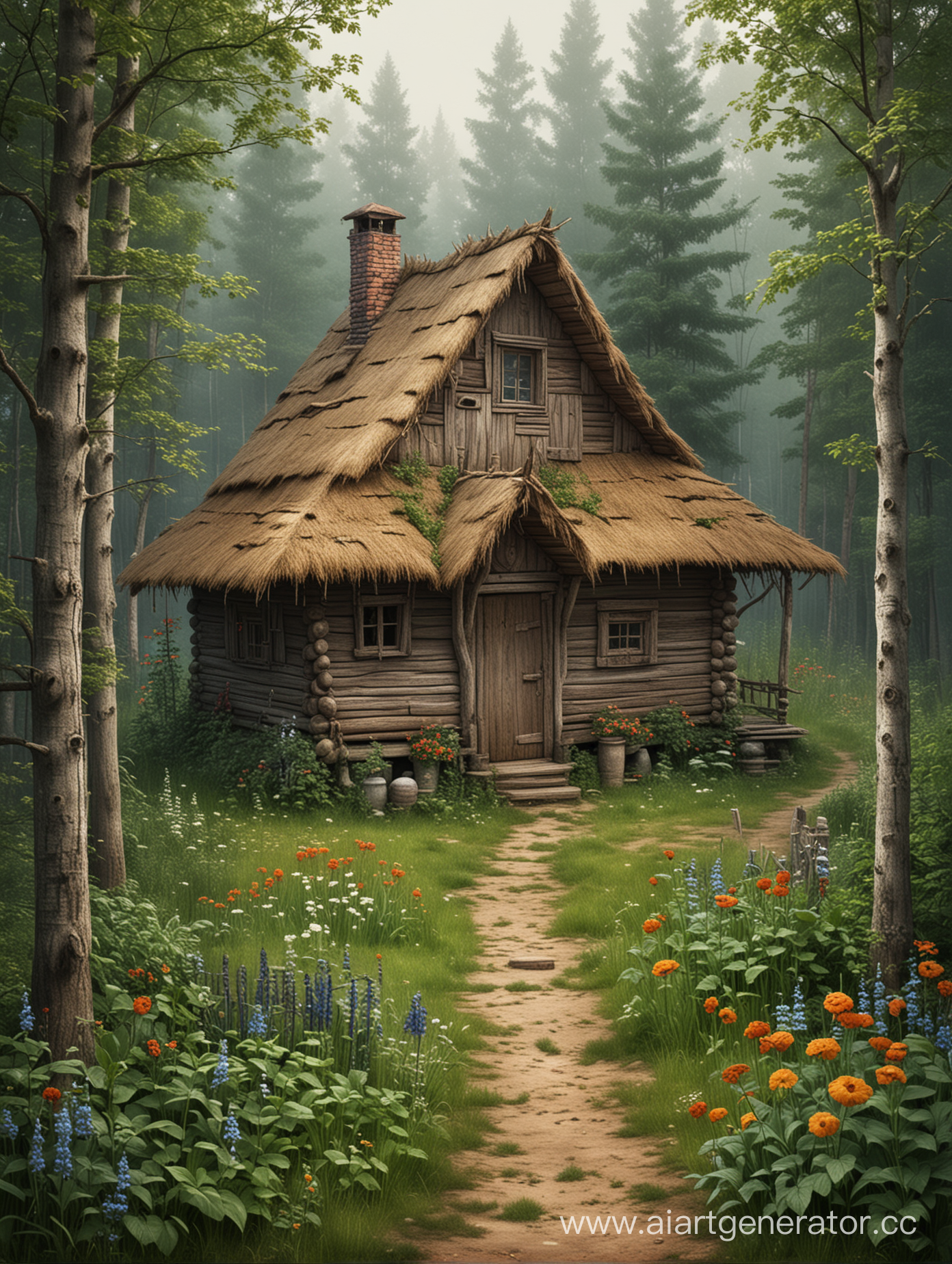 Нарисуй дом в лесу в старослявянском стиле, вокруг огород баня, пугало, всё это должно выглядеть мрачно