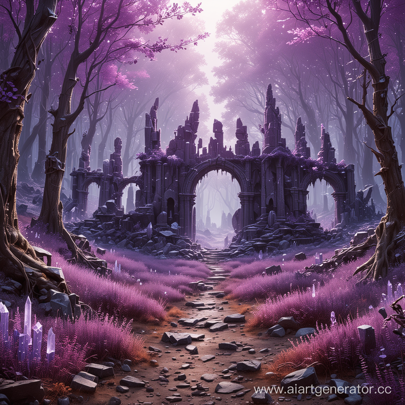 руины фиолетовый лес с кристаллами 
