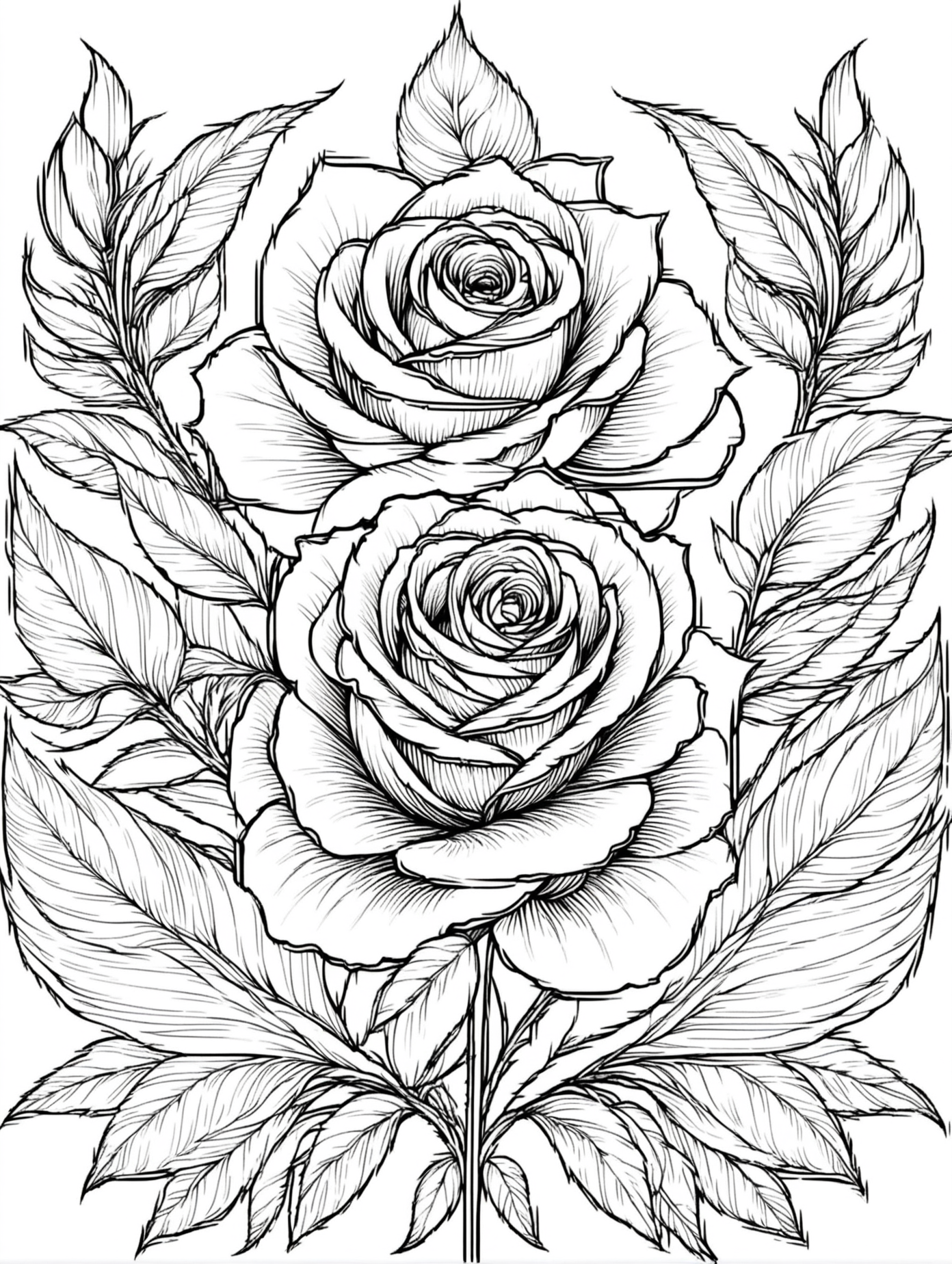 Beautiful black and white roses fantasy flowers composition for coloring page, thin lines, minimum details, no greys