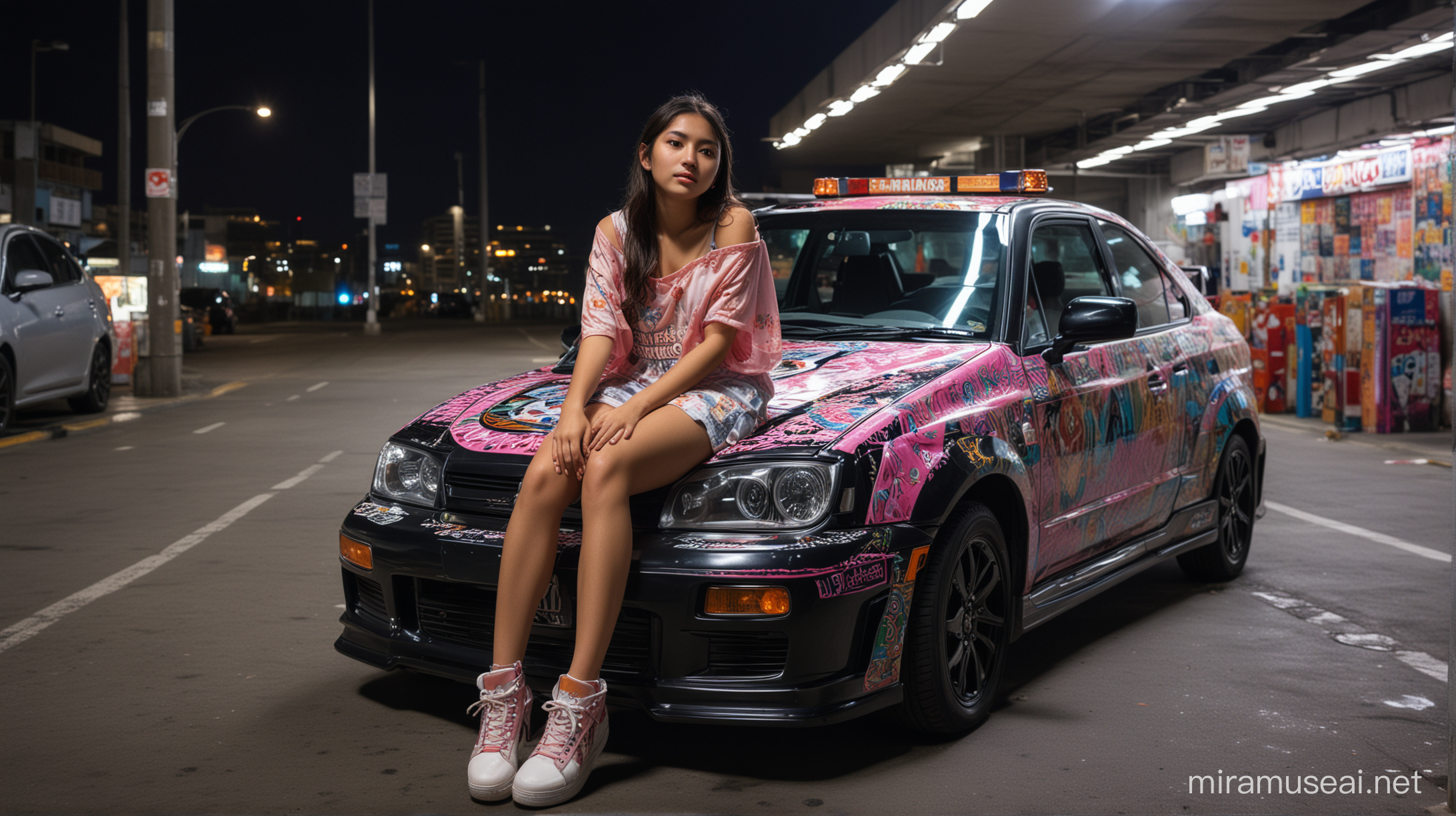 A mexican girl,  sitting on the hood of an Itasha-style car, in an underground parking lot, illuminated with dim neon light, at night, 
