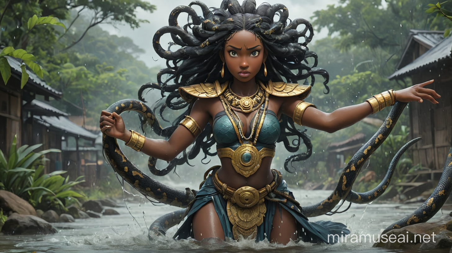 goddess oshimiri protecting her creation " the village of  umuweze" from dark forces, snake powers of water