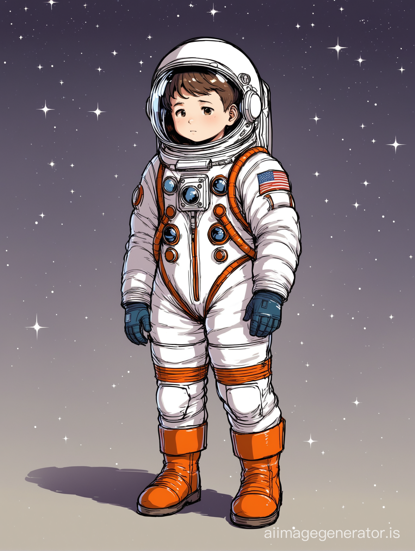 Космонавт подросток, шлем великоват на него, и космический костюм не по размеру, ботинки великоваты
