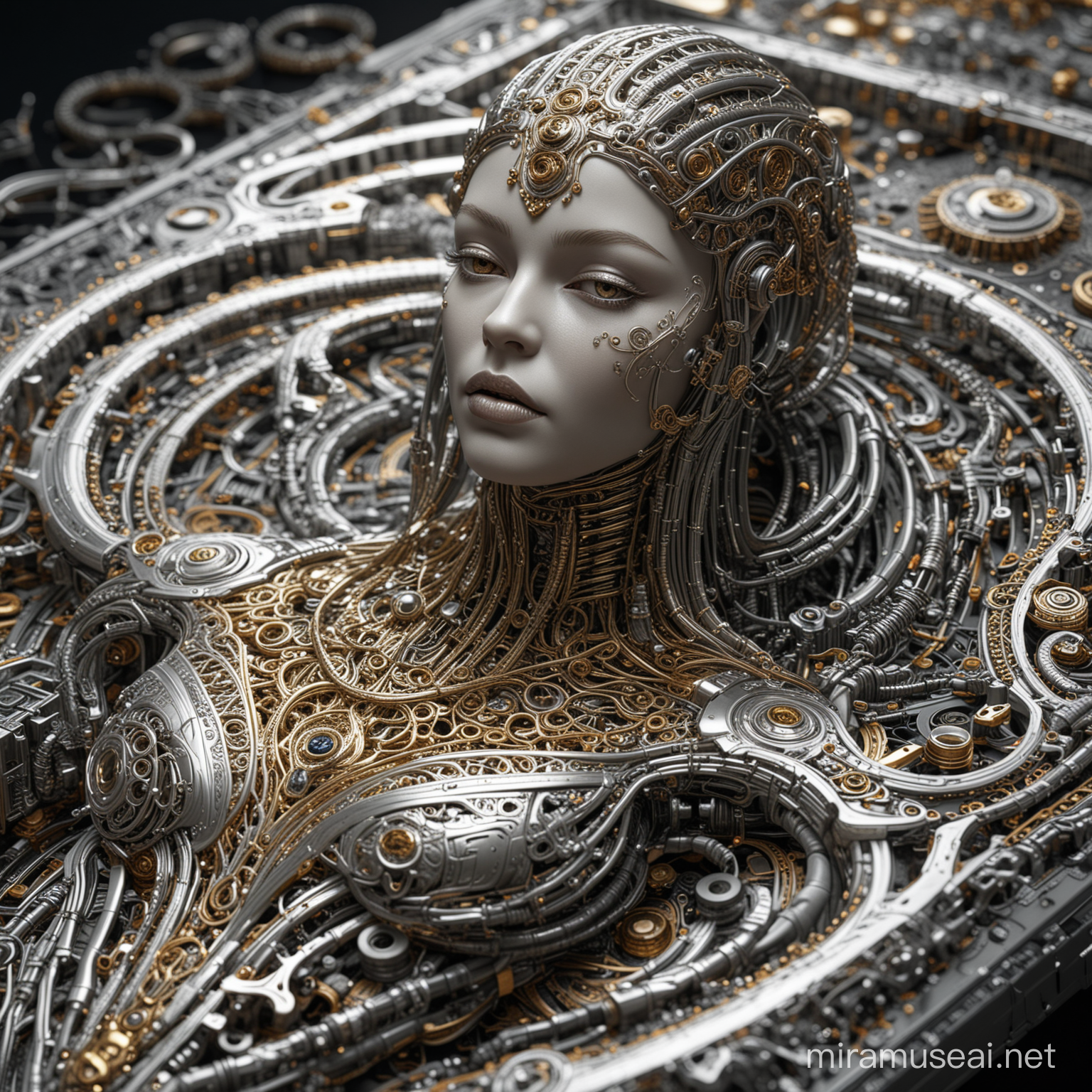 complex 3D rendering hyper detailed silver gold filigree details,cyborg lying on table surrounded by spare parts Artistic coloring in the style of Jan Saudealexander mcqueen high fashion haute ltra sharp beautiful couture, , art nouveau fashion embroidered, steampunk, mesh wire, hyperrealistic, mandelbrot fractal, anatomical, , white metal armor, , wire wires, microchip, elegant, octane design, v.r. giger style, 8 k