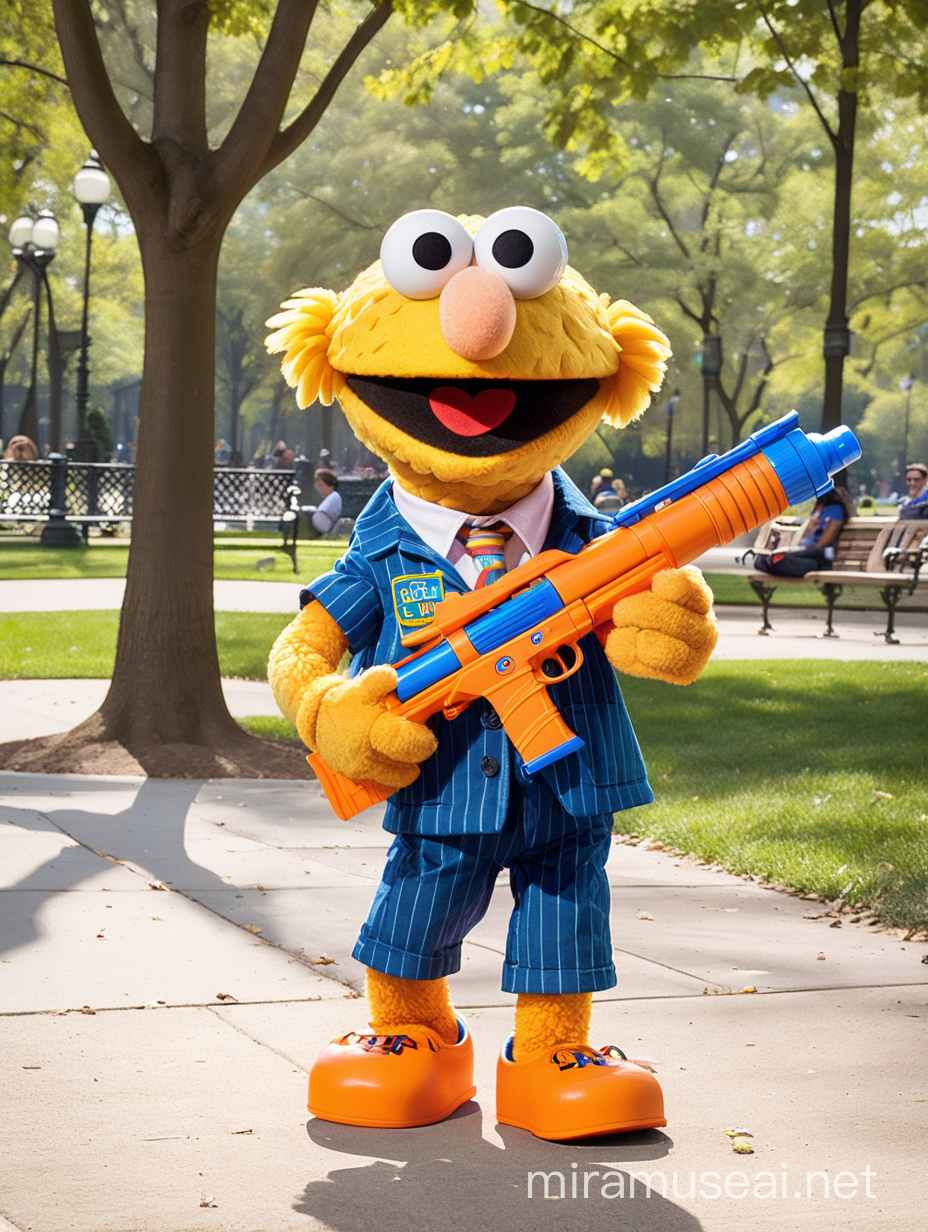 "Ernie from Sesame Street" holding a Nerf blaster, in a city park, midday