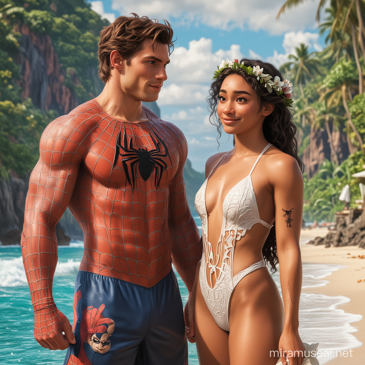 Spiderman with his bride (Moana) in a swimsuit