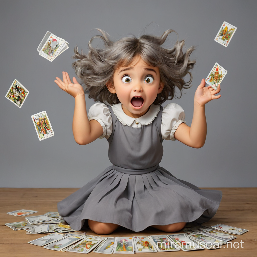 Surprised Little Girl Grabs Hair with Gray Skirt and Tarot Cards