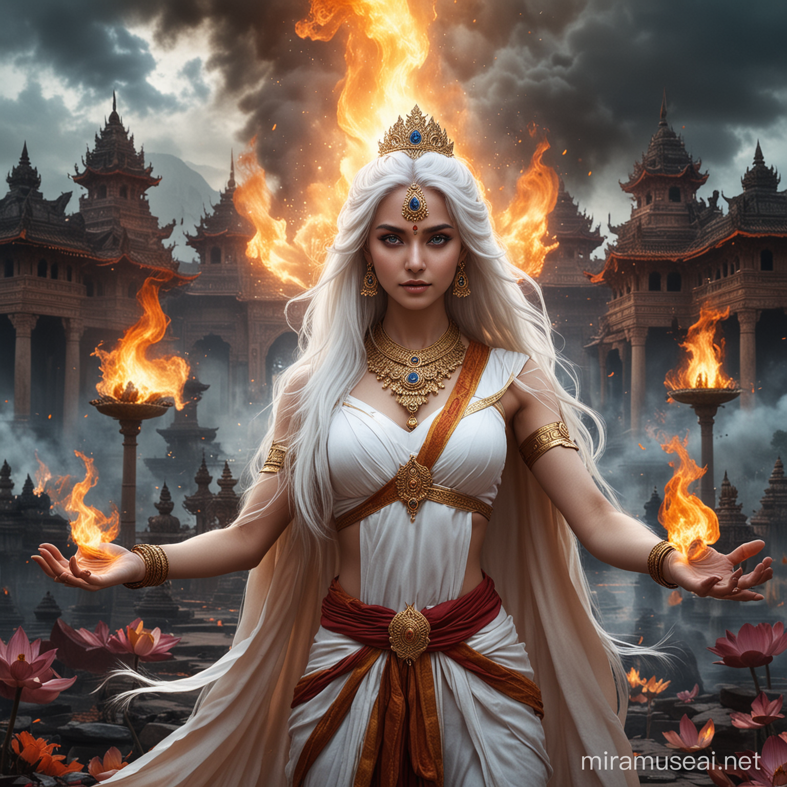 Fierce Hindu Empress Goddess Battles Demons Amidst Fiery Inferno