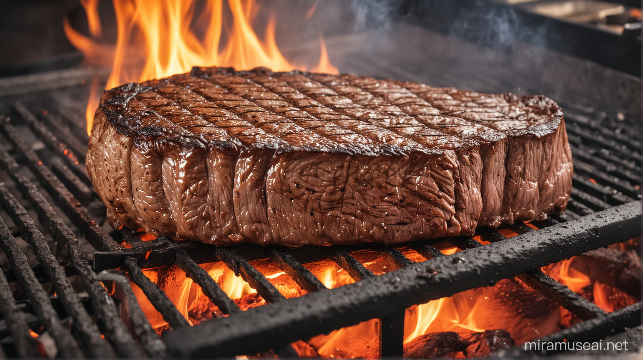 Sizzling Steak on Busy Restaurant Grill