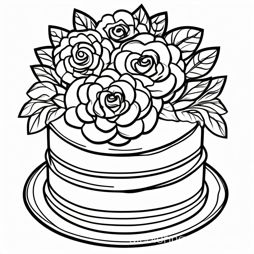 Simple wedding cake with  buttercream flowers with no background
, Coloring Page, black and white, line art, white background, Simplicity, Ample White Space. The background of the coloring page is plain white to make it easy for young children to color within the lines. The outlines of all the subjects are easy to distinguish, making it simple for kids to color without too much difficulty