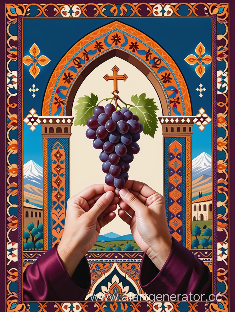 Создай изображение. Используй армянский орнамент, руки, которые держат виноград, Армению армянский ковер, церковь, Арарат.