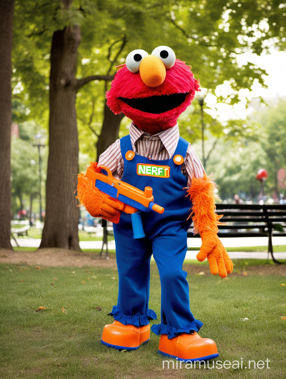 "Ernie from Sesame Street" in a park holding a Nerf blaster