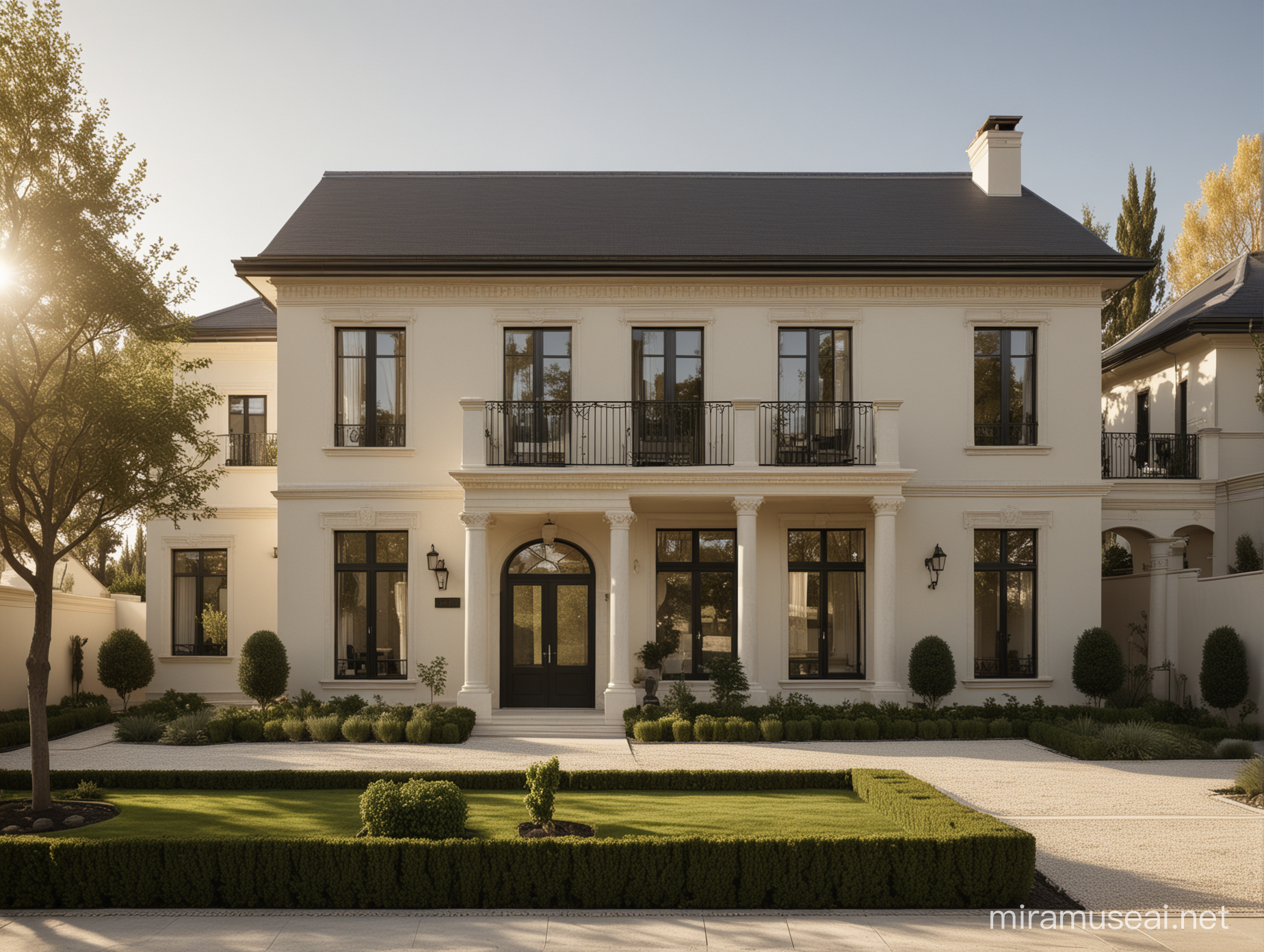 Grand Minimalist Classical home exterior; Biege render; black; gardens; sunlight directly on front of home --no neighbour houses
