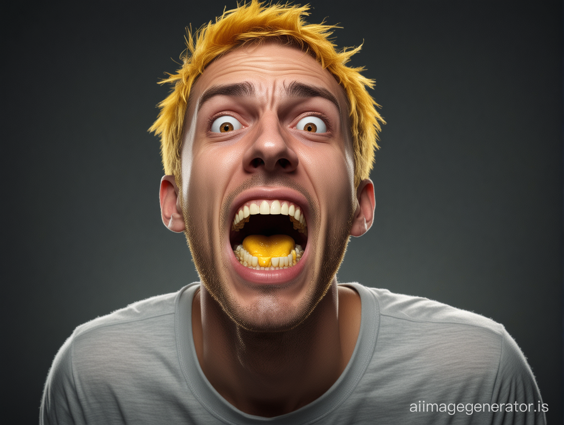create a 3D image illustration of a man with a shocked face waking up with big yellow stained teeth in a dark room