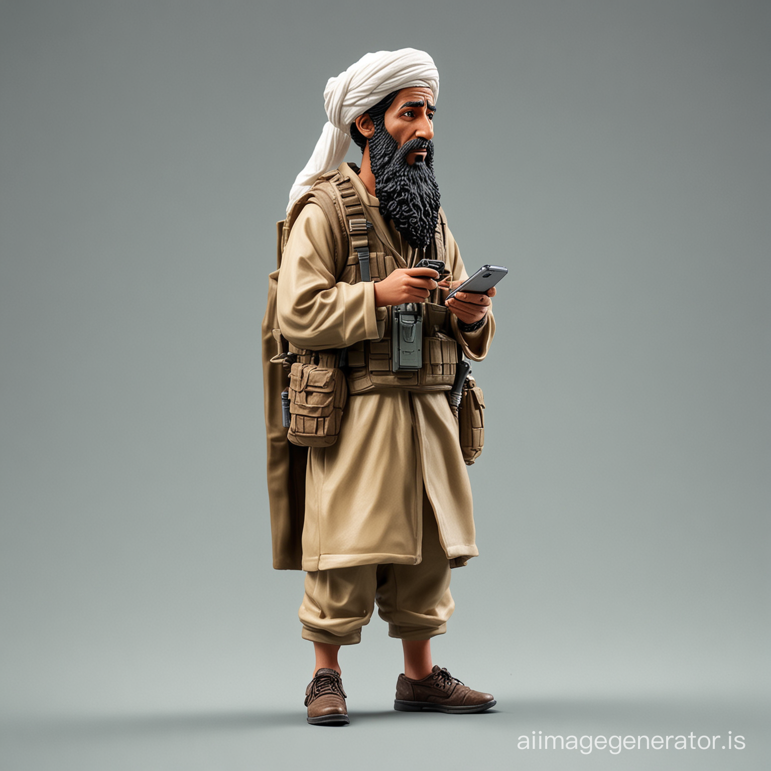Miniature bin laden, taliban, kid, toy, full body, side profile, he is staring at his phone, isolated