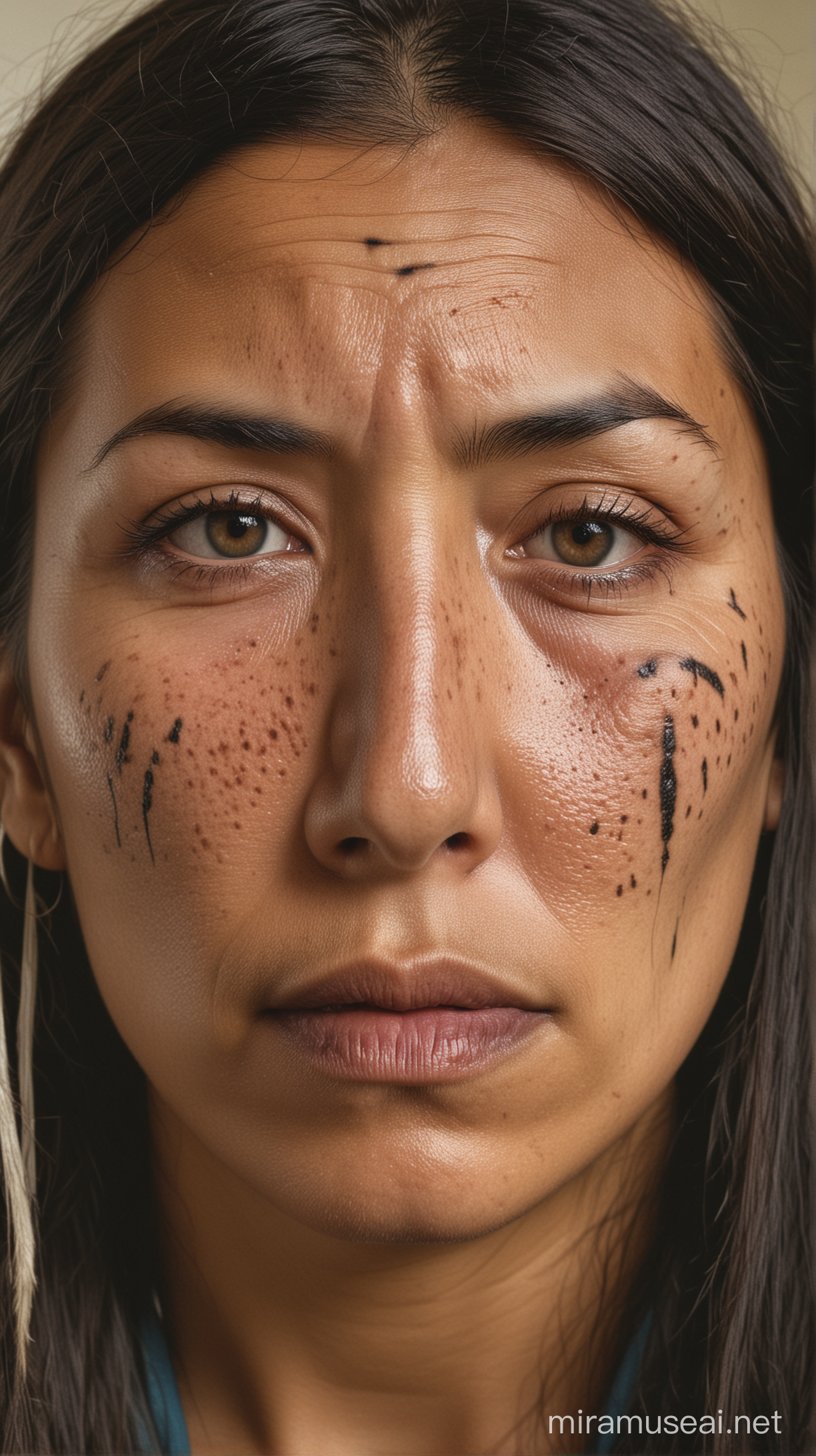 A portrait reflecting the painful gaze of a Native American woman subjected to forced sterilization; the woman's face shows scars and the helplessness in her eyes is clear.
