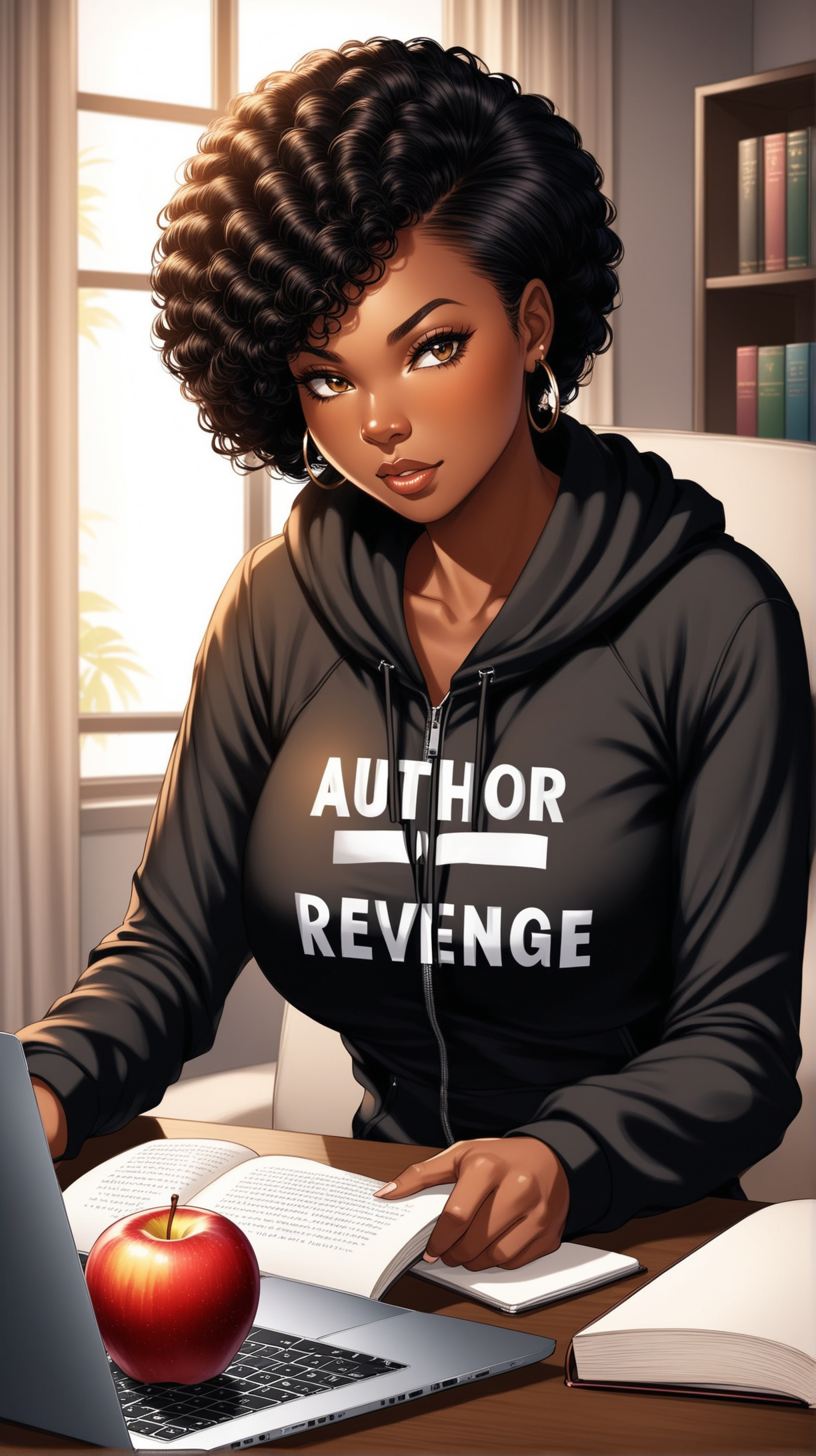 create an image of a black woman, casual jogging suit with author written across the chest, sitting in a luxury home office typing on an apple laptop. She is getting revenge on someone by making them a character in a book.