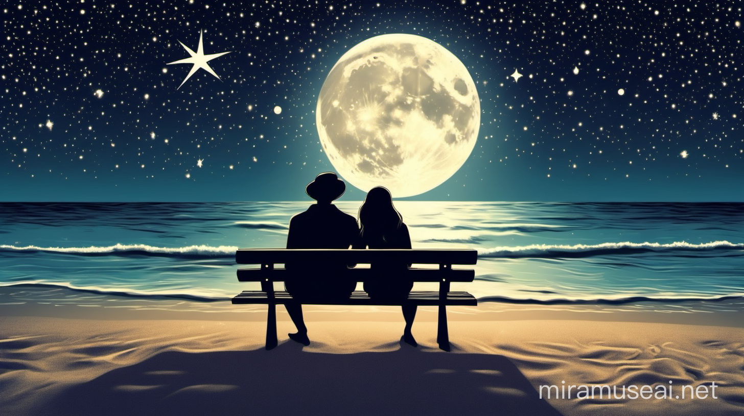 a loving couple sitting on a bench on the beach, night, stars and a moon
