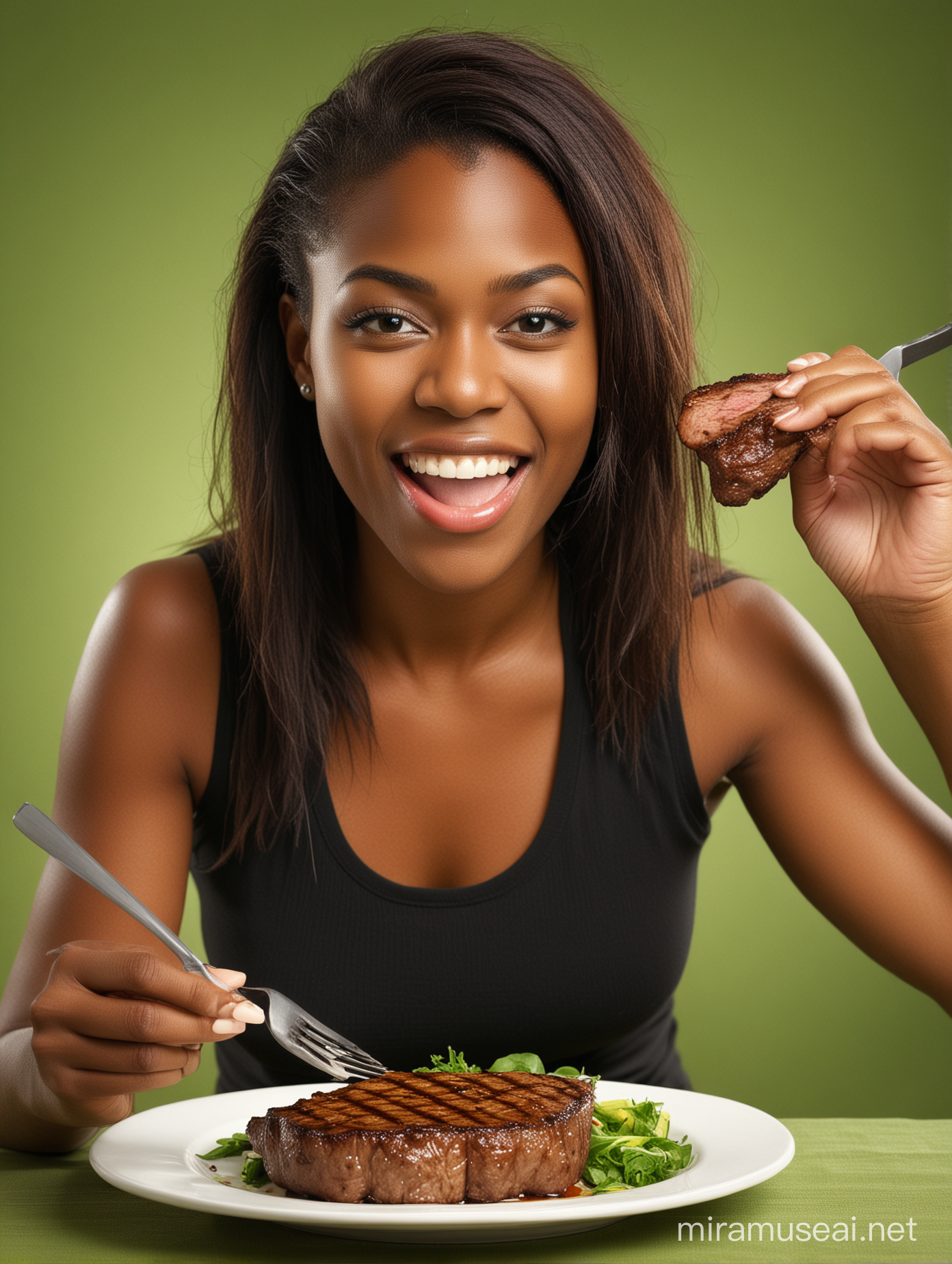 Young black happy American female eating steak.

Background: Green Plain Background, sharp lights, sharp shadows, sharp highlights. Vibrant food colors. 

Mood: Subject is enjoying and happy.
