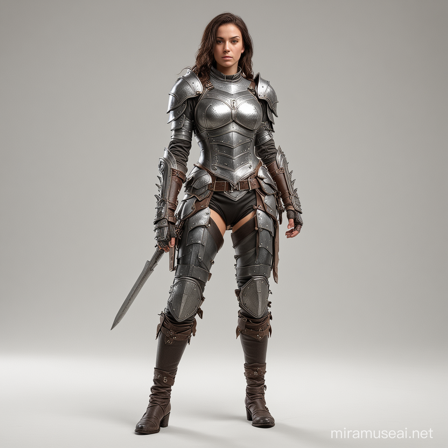 female warrior, white background, armor, boots, no helm, whole body