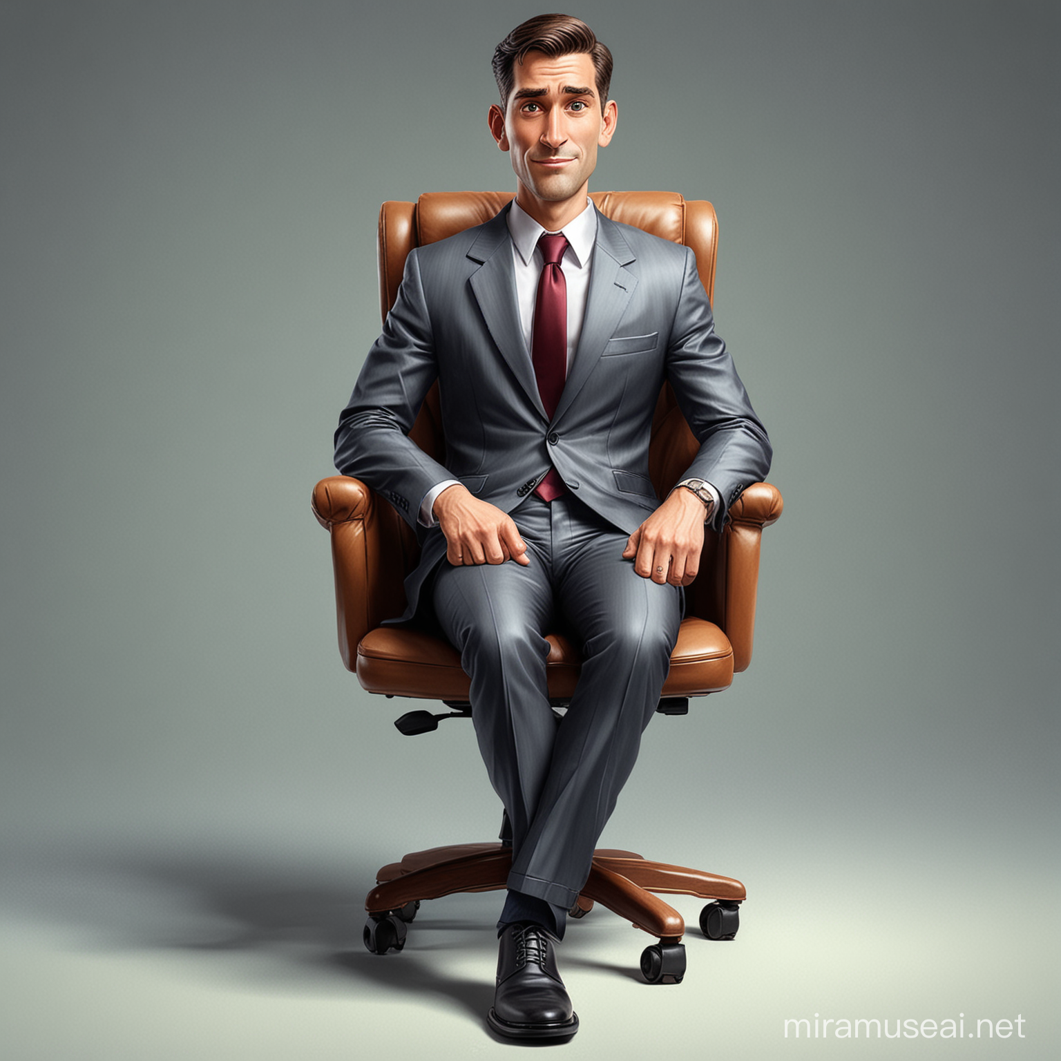 Cartoon caricature of a man full body sitting on office chair wearung 3 piece suit office background, highly detailed 3D artwork, oil painting style
