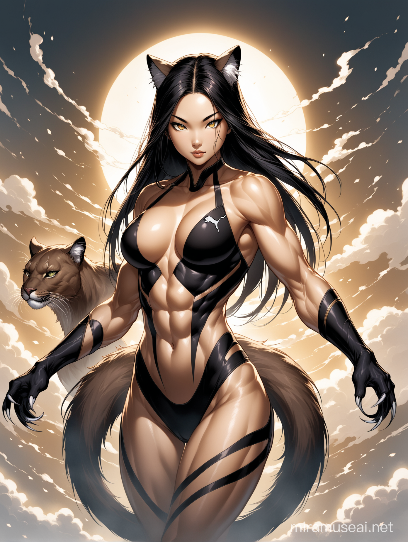 "Create an imaginative depiction of an Asian woman seamlessly merged with a puma, embodying the essence of a mutant. The woman possesses distinct Asian features, such as almond-shaped eyes, straight black hair, and a slender yet athletic build. Merge these features seamlessly with the sleek, powerful physique of a puma, incorporating elements like fur, claws, and feline facial characteristics. The image should convey a seamless blend of human and animal traits, evoking a sense of power, agility, and otherworldly presence typical of a mutant. Employing a style that captures the dynamic fusion of these elements, the image should exude creativity and evoke intrigue."
