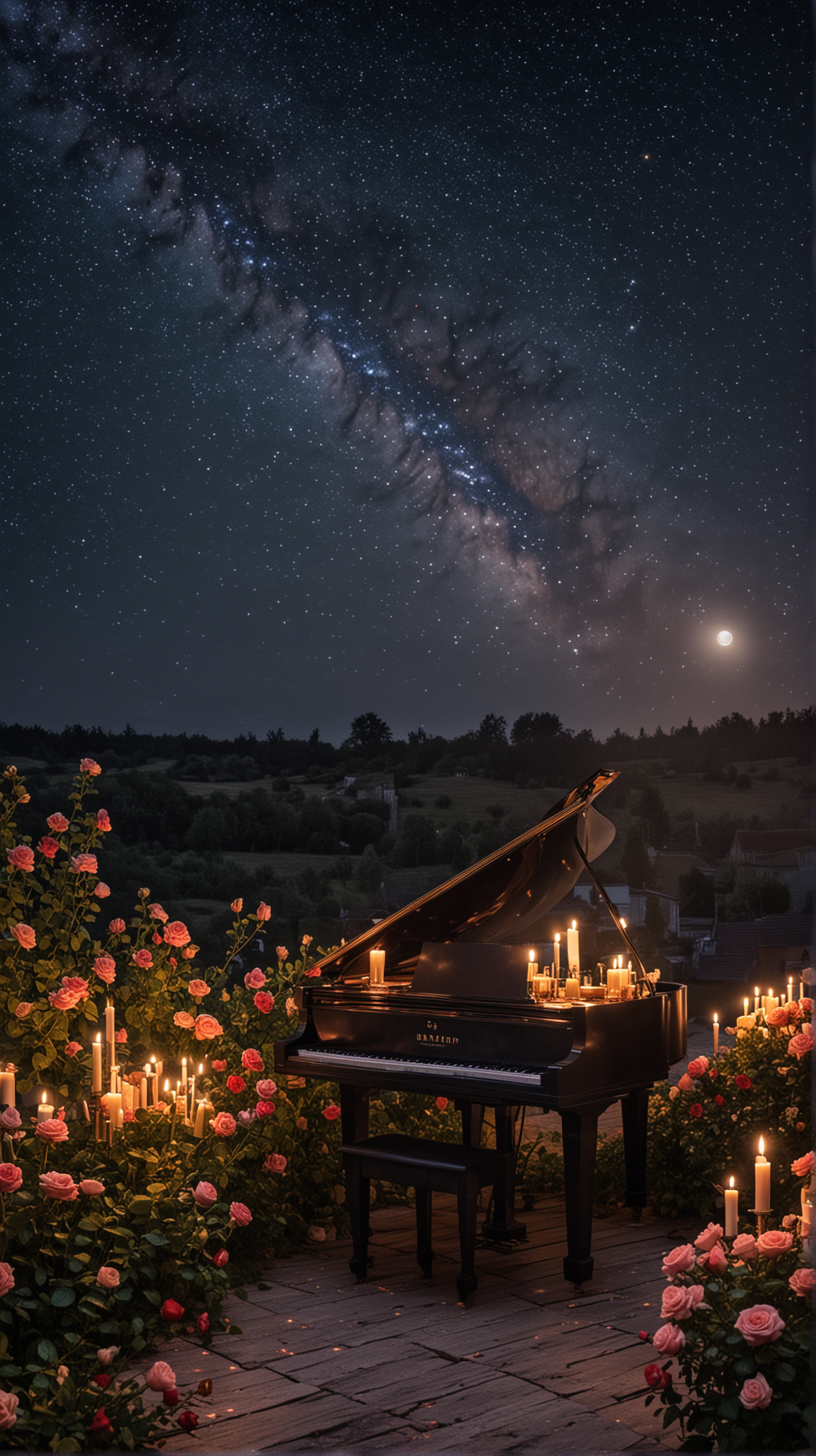 Evening, nature, starry sky, piano, candles, roses, flowers