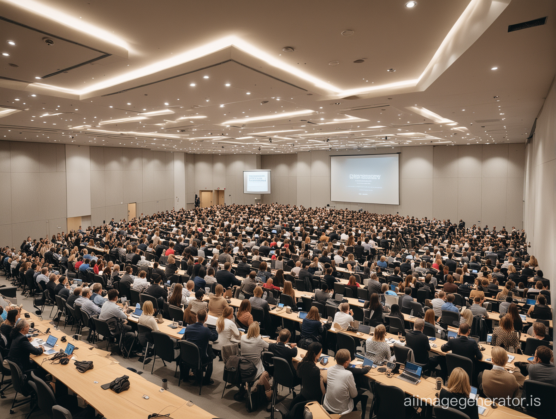An audience of around 400 people, sitting in a modern conference room