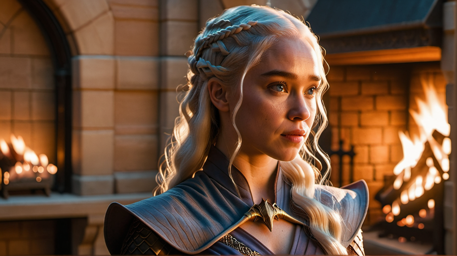 daenerys, dragon from game of thrones on her shoulder, warm room, golden hour, in castle, fireplace backround,
