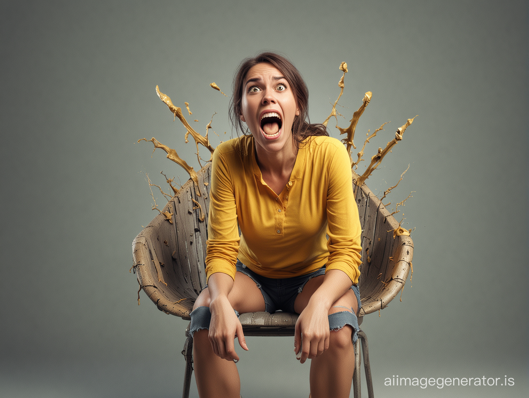 create a 3d image illustration of a shocked woman seating with yellow rotten teeth