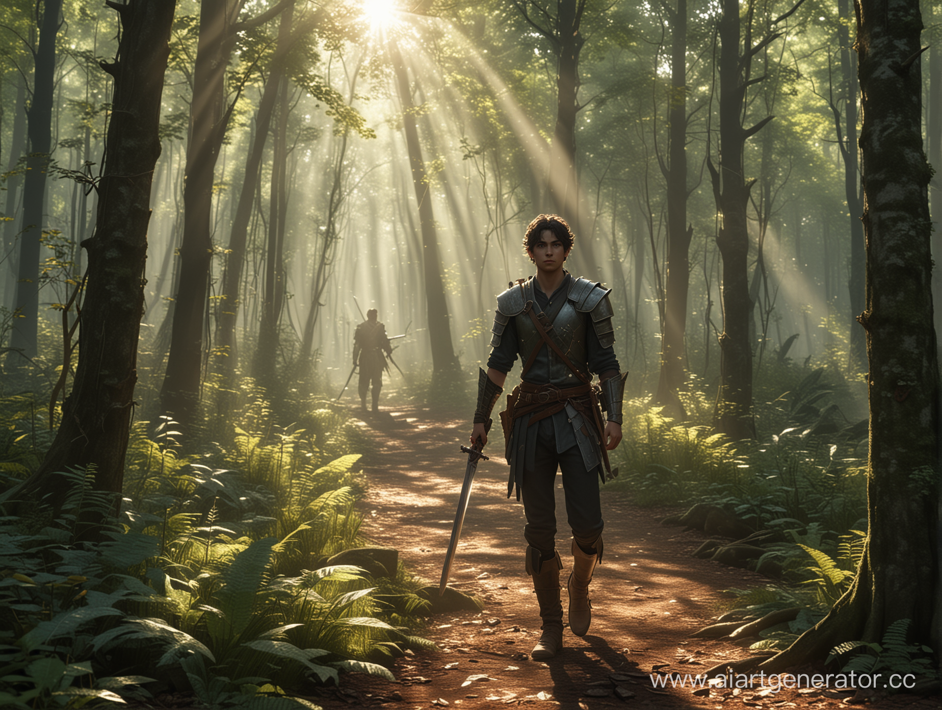 Главный герой - молодой человек, идет среди густых деревьев в лесу, держа в руках меч. За ним стоят несколько НПС - разнообразные воины, которые идут вместе с ним. Солнечные лучи проникают сквозь листву, создавая игривые блики на земле.