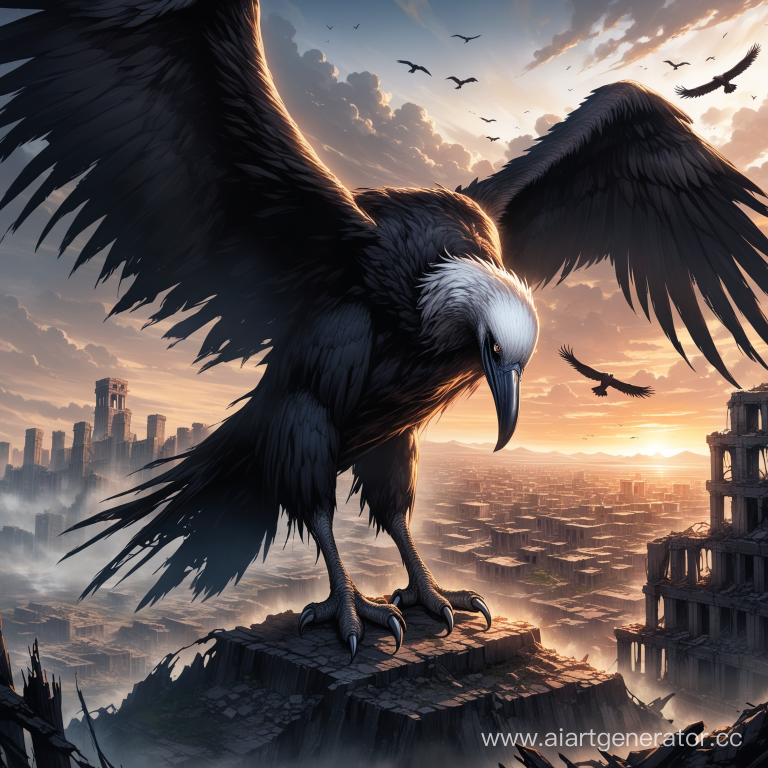 A giant humpback bird that is a harbinger of the apocalypse; looks like a vulture; wings that are twice as big as himself; a long beak; he has no eyes, they are torn out, instead he has one big eye in his beak; giant paws with claws; stands on the dying earth, around him the ruins of the city