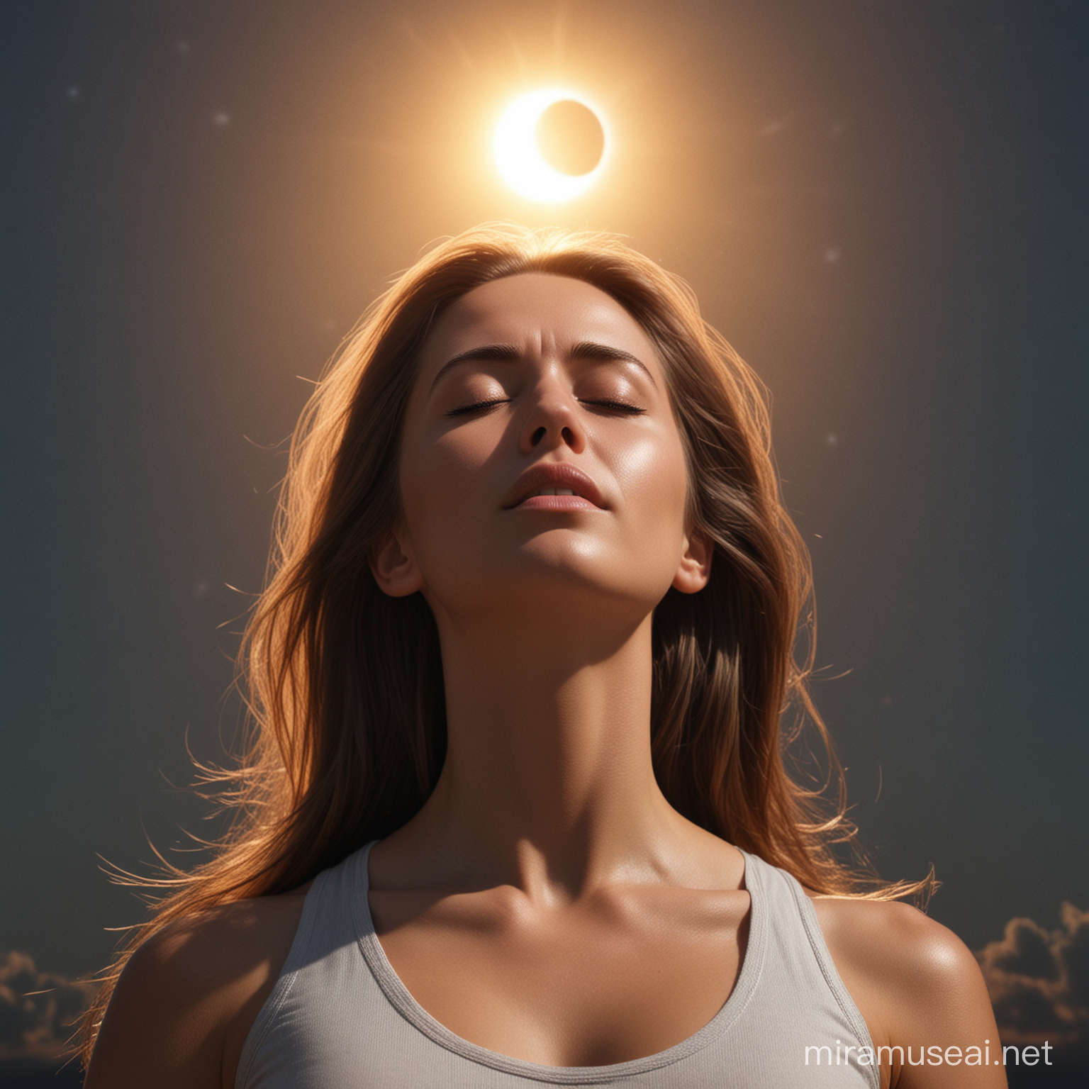 Serene Woman Meditating During Solar Eclipse