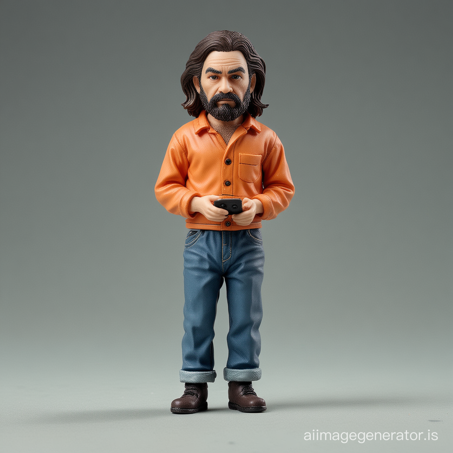 Miniature Charles Manson, kid, toy, full body, side profile, he is staring at his phone, isolated