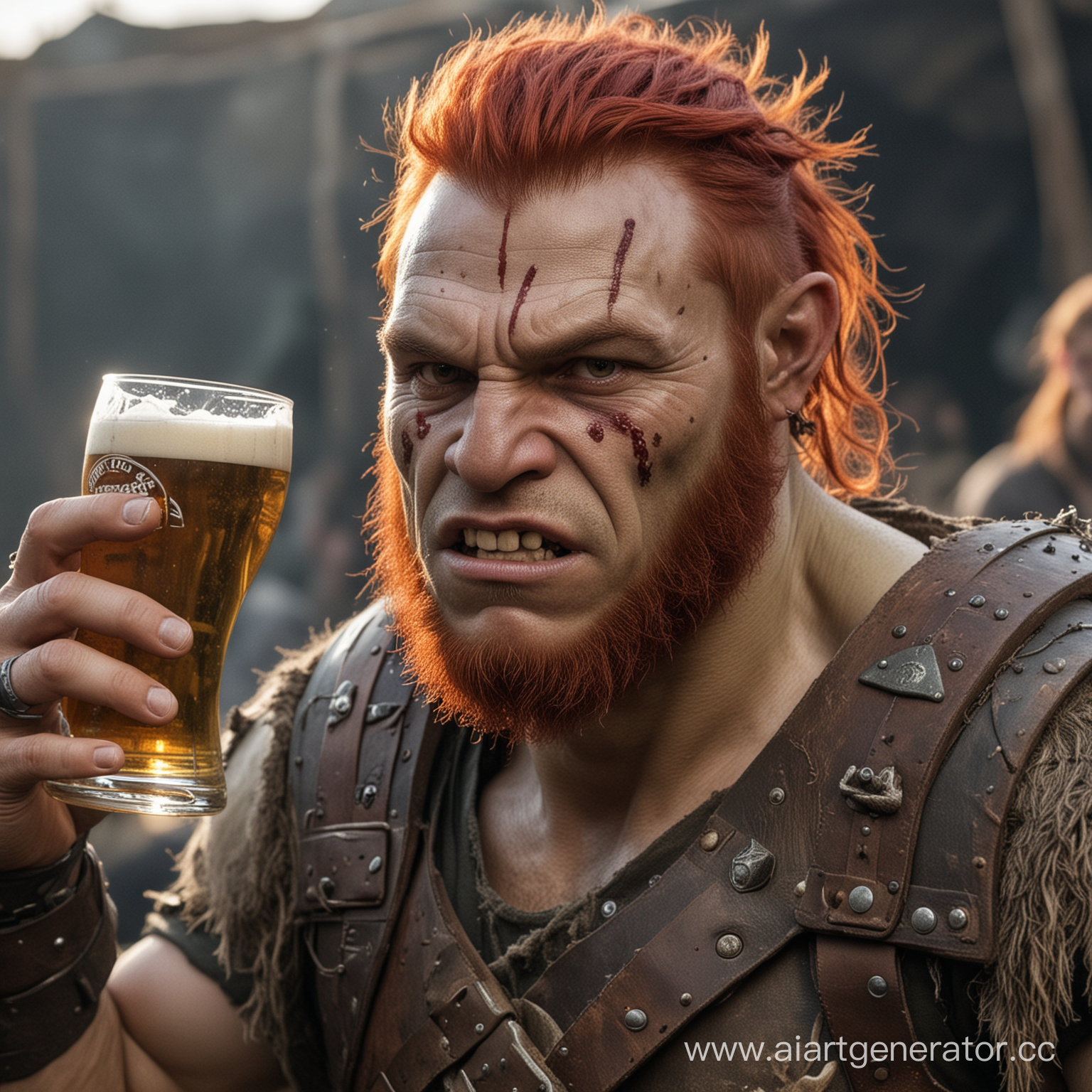 Орк со шрамами на лице и красными волосами, в руках пиво