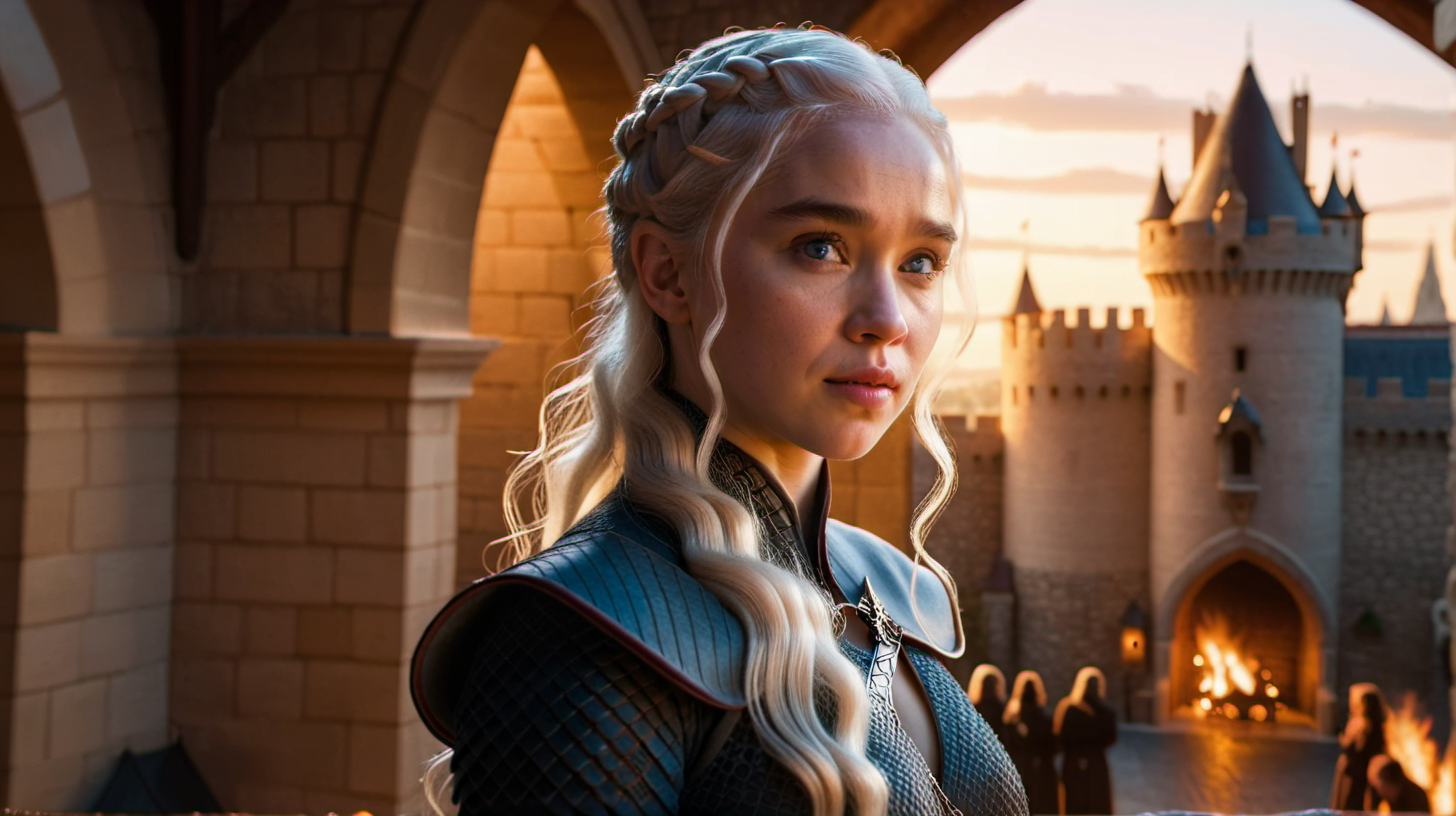 daenerys, dragon from game of thrones on her shoulder, warm room, golden hour, in castle, fireplace backround, big hole behinf her, castle behind her,

