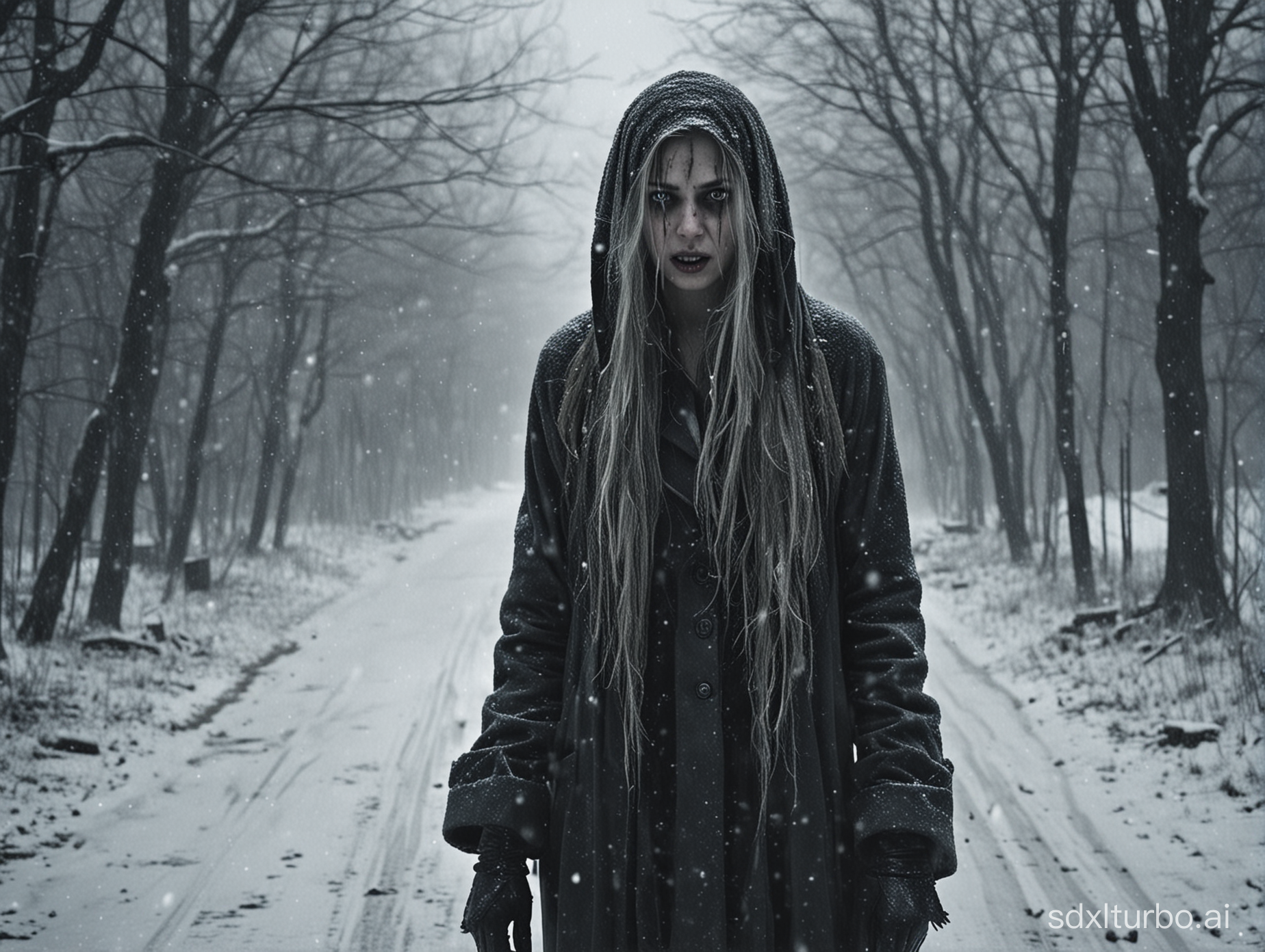 Create a high resolution, 16:9 aspect ratio, scary image that I can use as a thumbnail for my YouTube horror video "true snowstorm horror stories"? The image must be photorealistic, mysterious, feature creepy but realistic people, weird, horror, scary, atmospheric, catchy, must pop and catch the viewer's attention by sparking their curiosity and enticing to click on the video. 