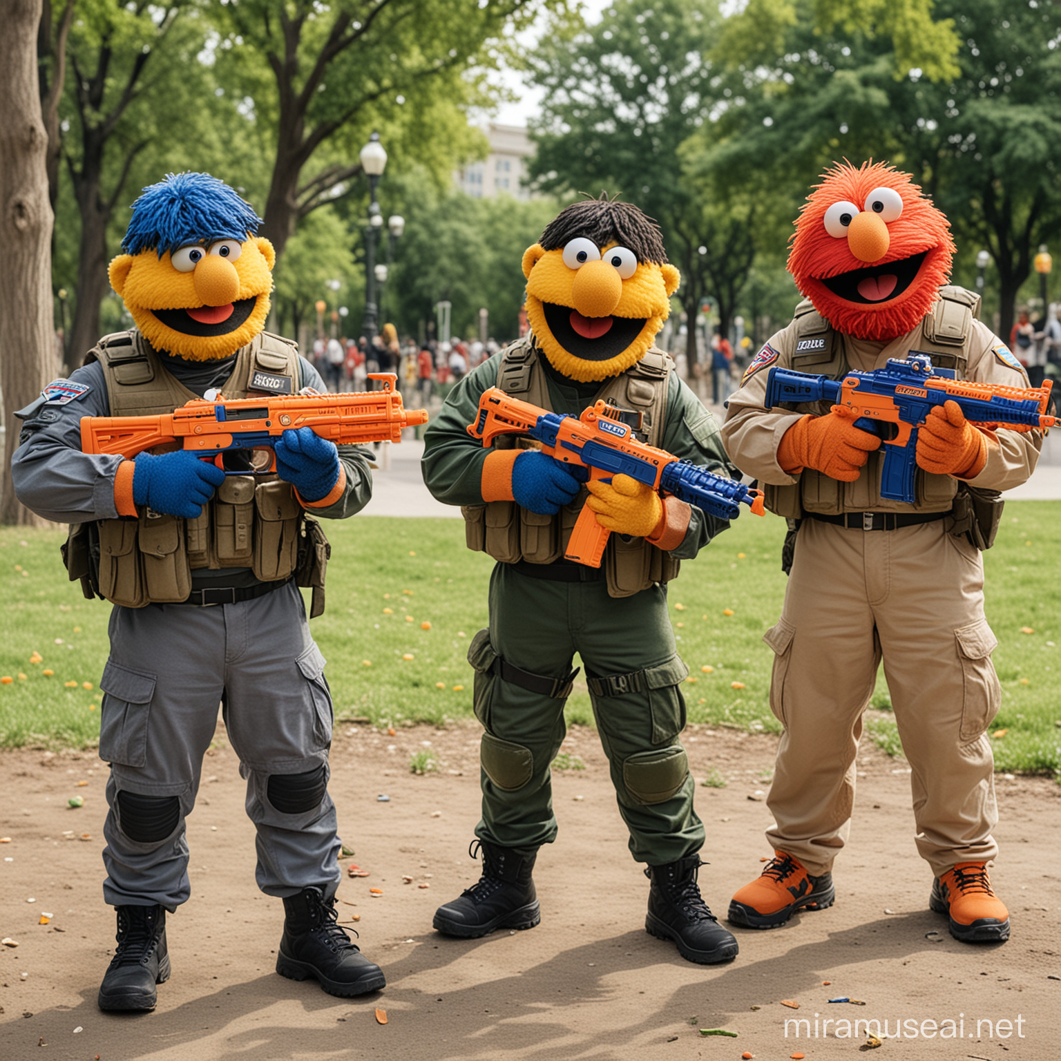 Ernie and friends from Sesame Street wearing combat gear and playing with Nerf guns in a city park