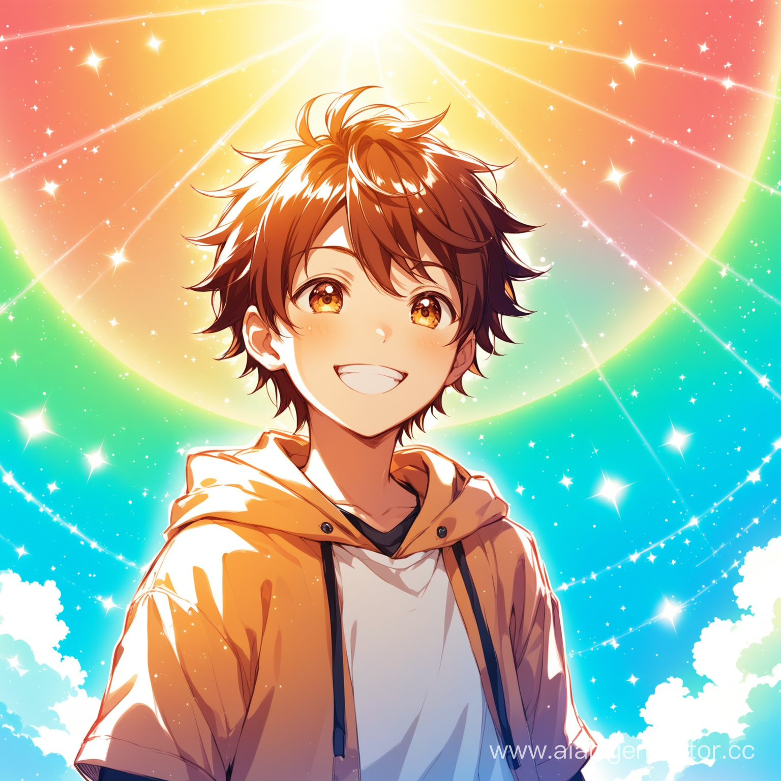 /imagine prompt: Anime-style happy young boy on a bright background