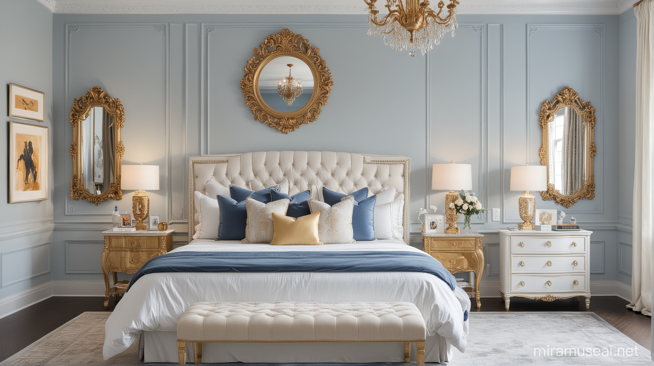 10'x10' Parisian modern bedroom with queen bed, ornate wall moldings and modern art behind the bed, and in a white, gold, and French blue palette. 
