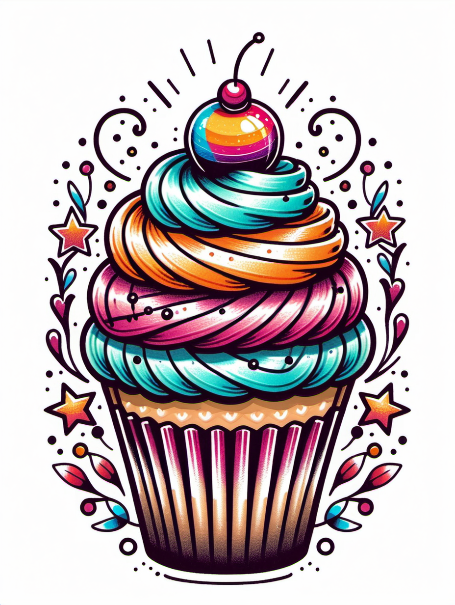 Colorful Cupcake Tattoo Design on TShirt Print Against White Background