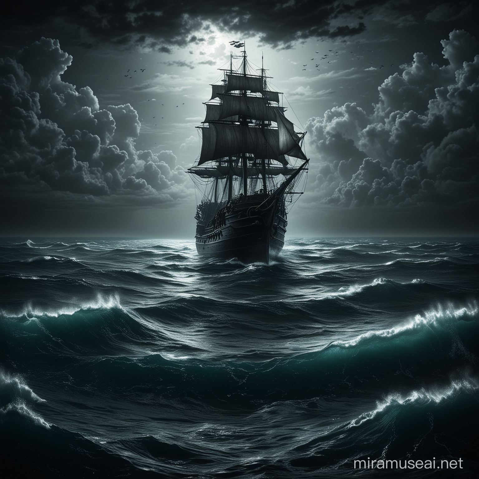 A dark, mysterious ocean with a ship sailing towards the horizon, hinting at the exploration of Atlantis.