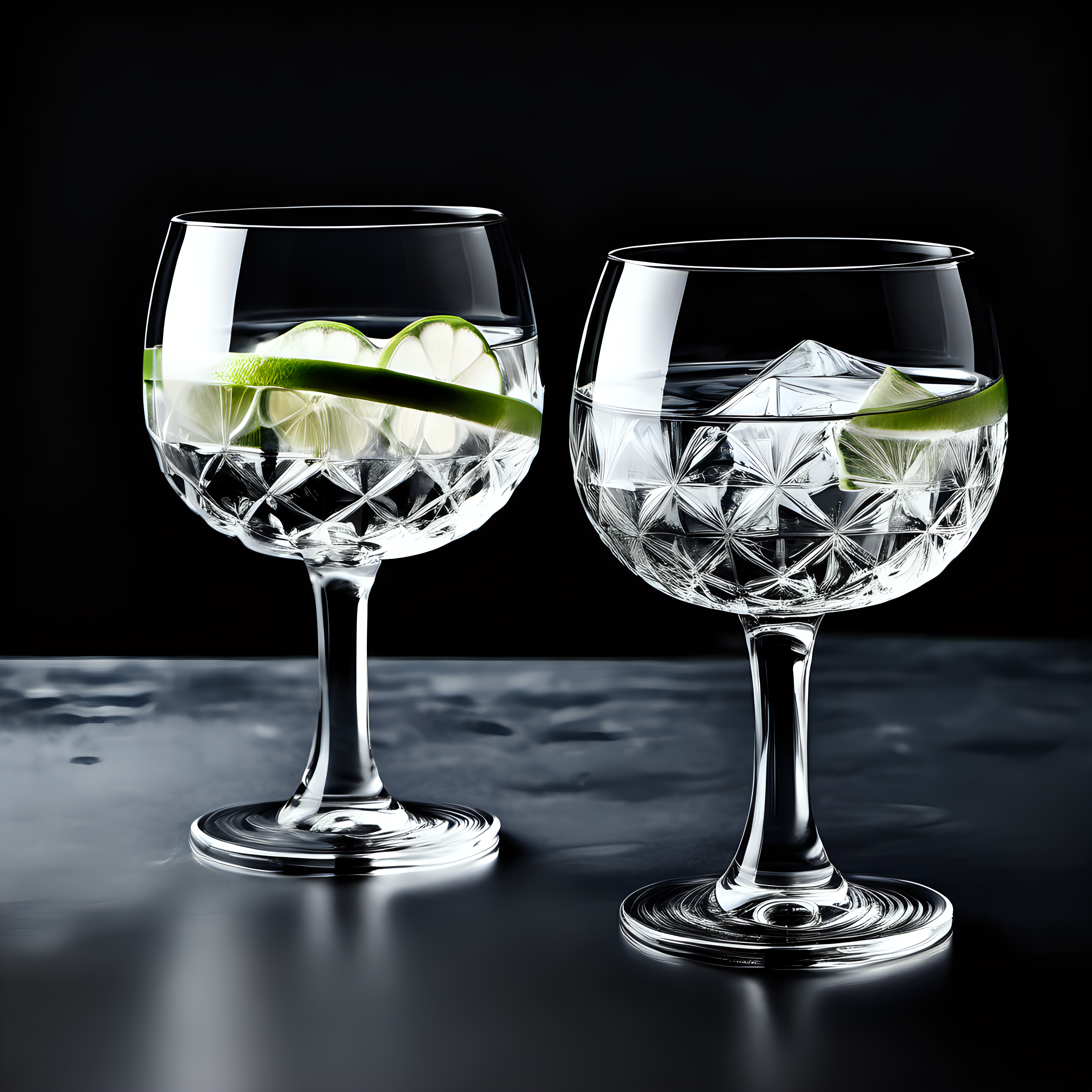 2 elegant gin glasses with a black
 background