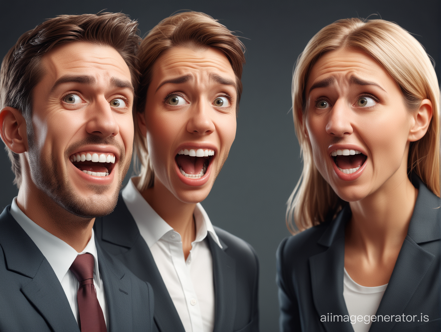 create a 3d image illustration of a man and woman afraid to show their teeth in a conference
