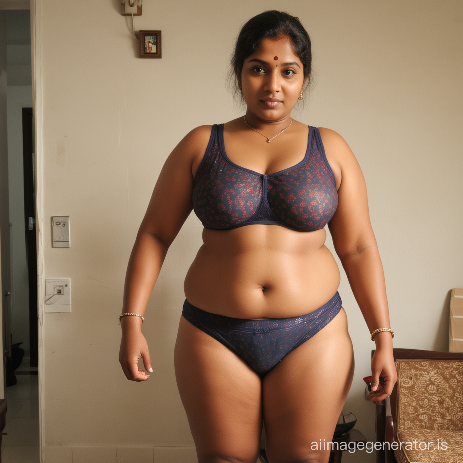 Dark skinned fat chubby south indian aunty wearing underwear Standing with son

