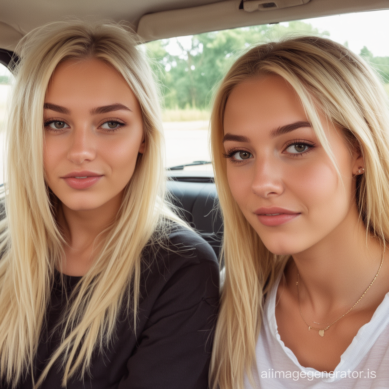 one blonde girl in a car with her burnette friend