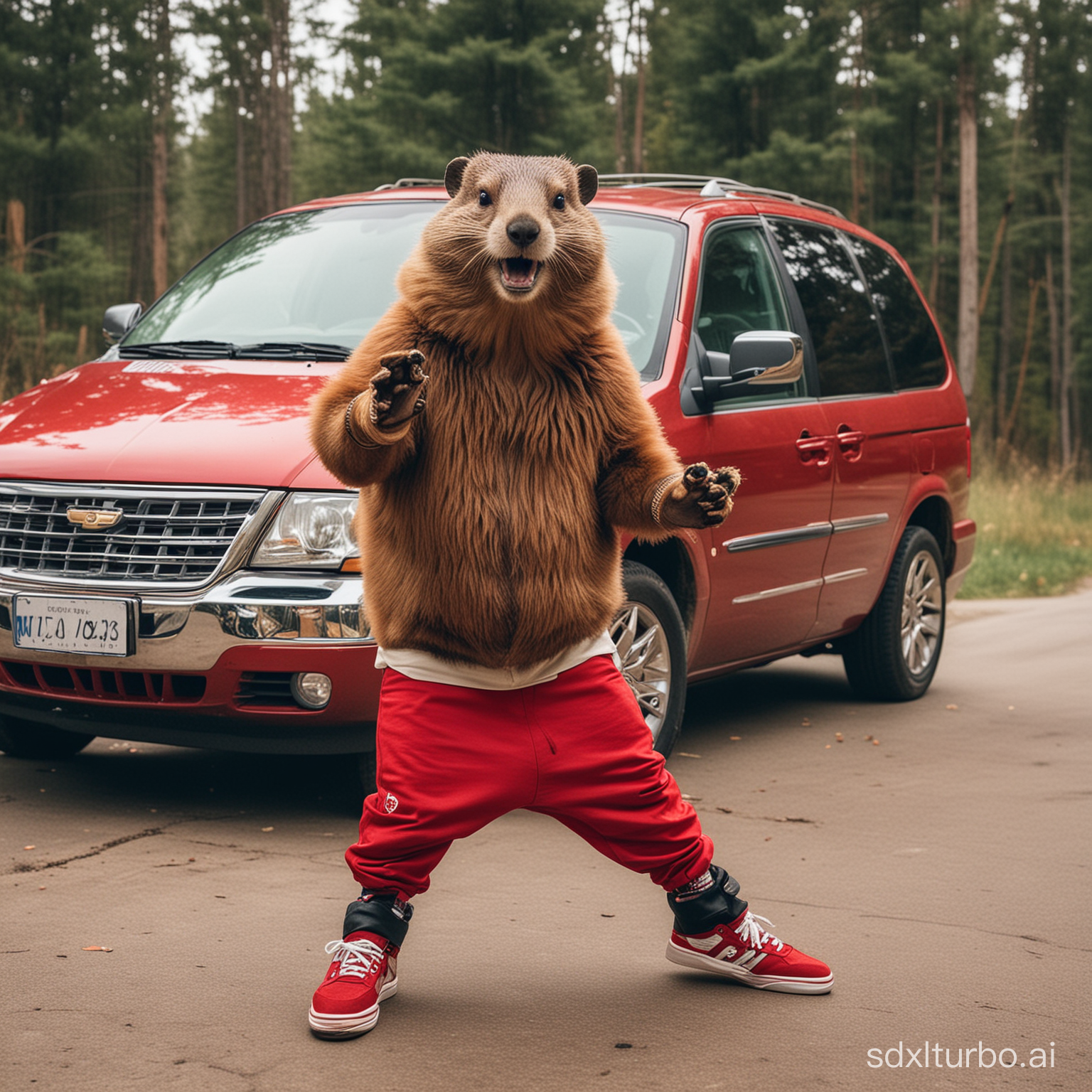 beaver in hip-hop clothes breakdancing in the background of a  red chrysler voyager